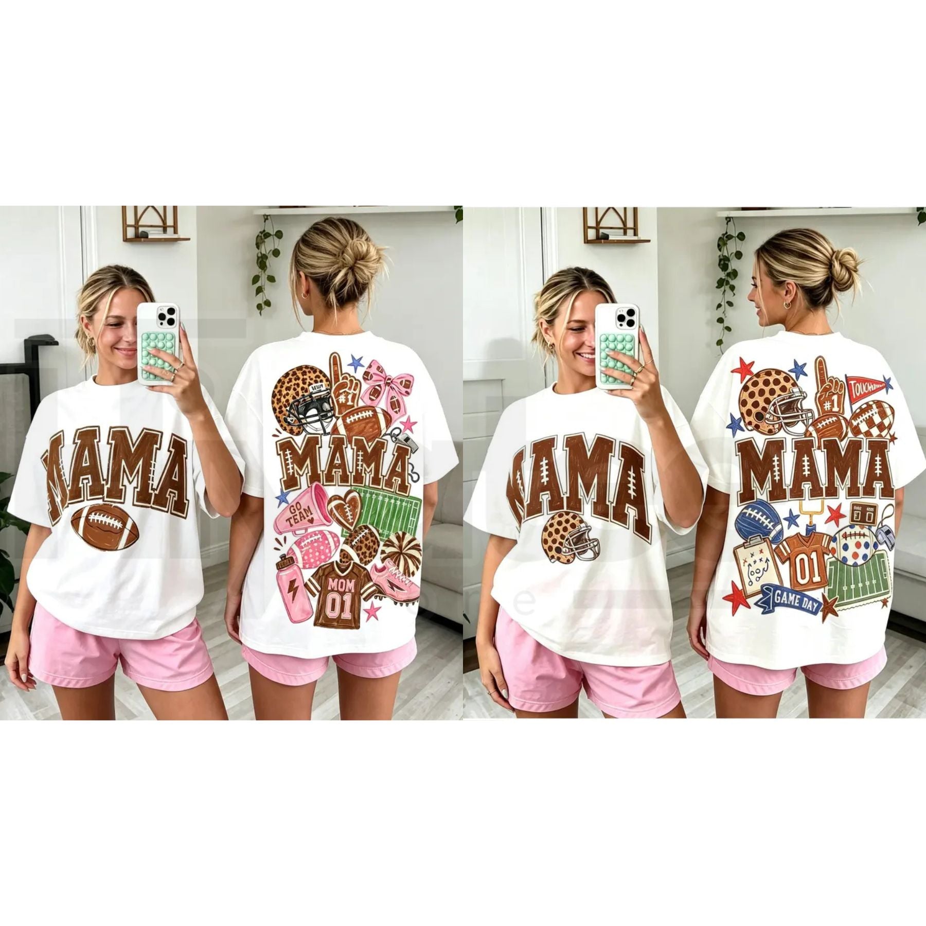 Mama Football T-Shirt – Coquette Bow & Leopard Print Game Day Tee, Double-Sided Sports Mom Shirt - Hiyatee