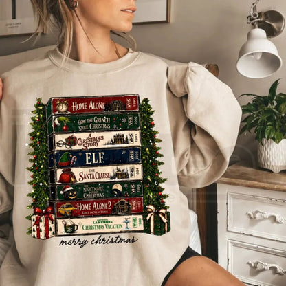 Retro Holiday VHS Sweatshirt – Vintage Christmas Movie Night Graphic Crewneck, Cozy Festive Winter Pullover