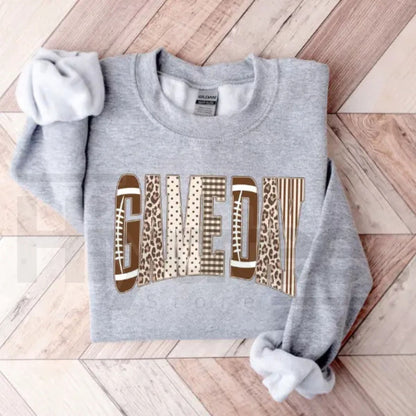 Preppy Football Game Day Sweatshirt – Touchdown Football Mom Crewneck, Leopard Checkered Gingham Pullover
