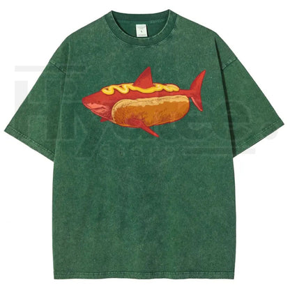 Shark Hotdog Funny Food Meme Vintage Washed Tee – Weirdcore Ocean Animal Graphic T-Shirt