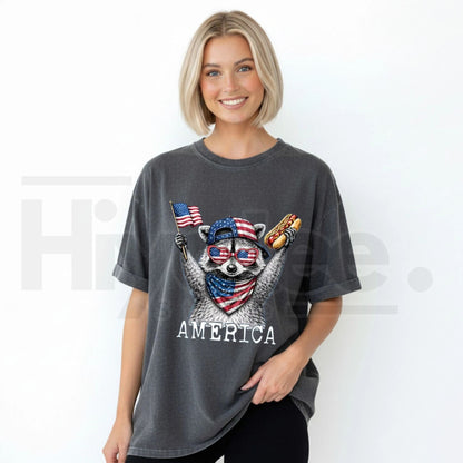 Comfort Colors America Raccoon Hot Dog Shirt – Kids and Women Retro 4th of July Patriotic Animal T-Shirt