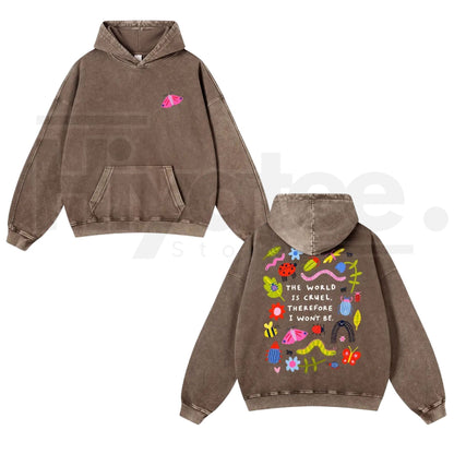 Cute Bug Print Washed Hoodie – "The World Is Cruel" Slogan, Vintage 380g Heavyweight Graphic Sweatshirt