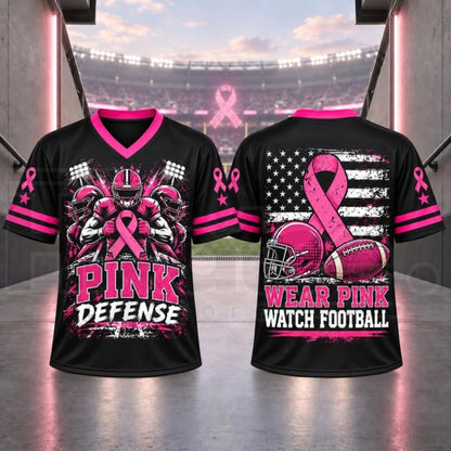 Breast Cancer Awareness Football Jersey – Pink Ribbon V-Neck Game Day Top