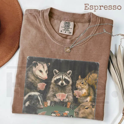 Comfort Colors Animals Playing Poker T-Shirt – Funny Meme Tee, Raccoon Opossum Capybara Graphic Shirt
