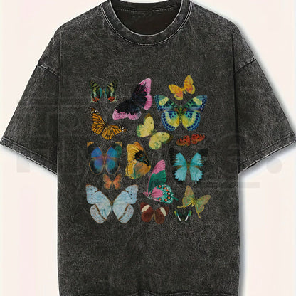 "FLUTTER" Vintage Wash Graphic Tee – Retro Y2K Butterfly Acid Washed Oversized Shirt