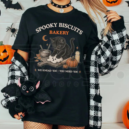 Spooky Biscuits Bakery Black Cat Halloween Comfort Colors Tee