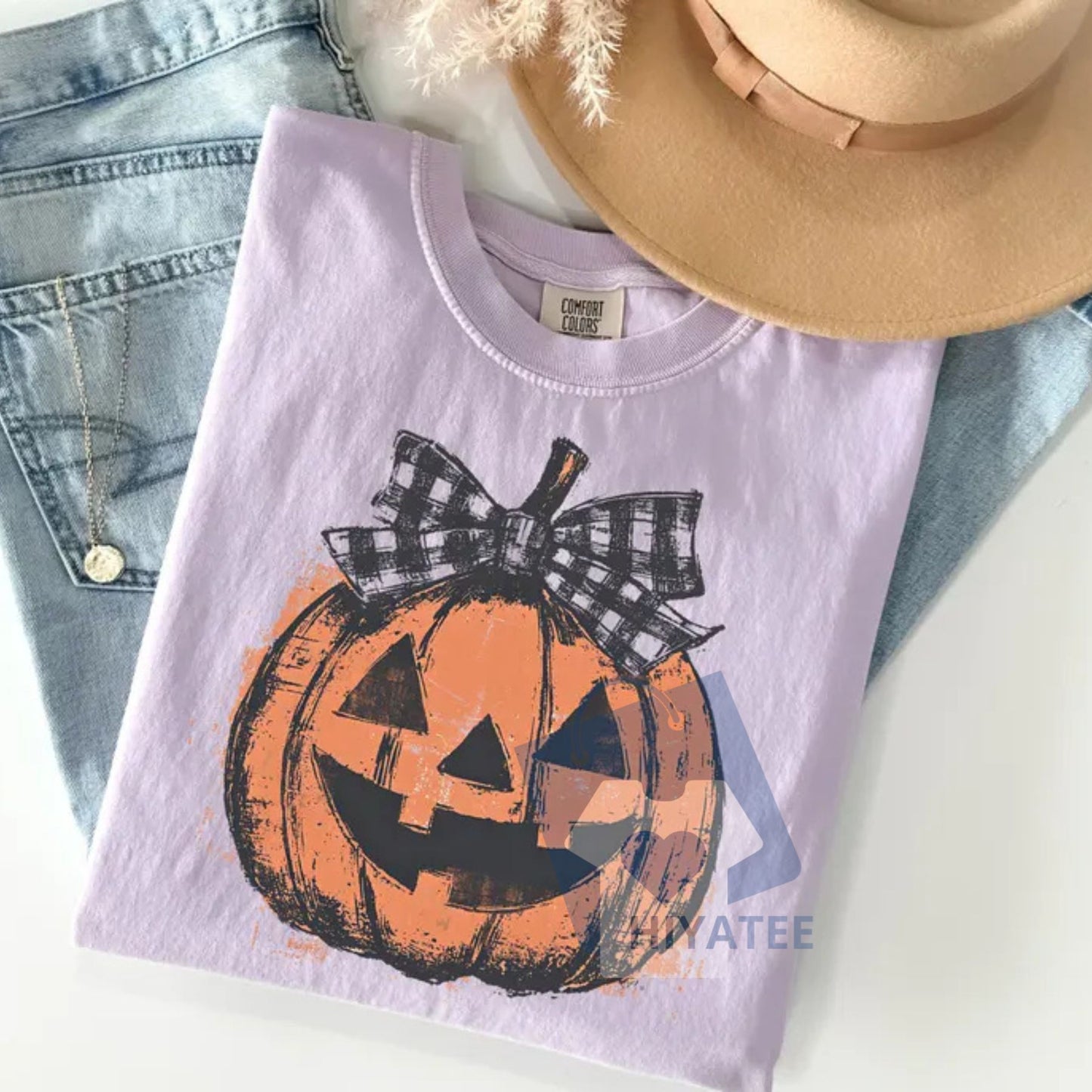 Comfort Colors Preppy Jack o' Lantern Shirt – Coquette Halloween T-Shirt, Women's Pumpkin Bow Tee, Trendy Retro Fall