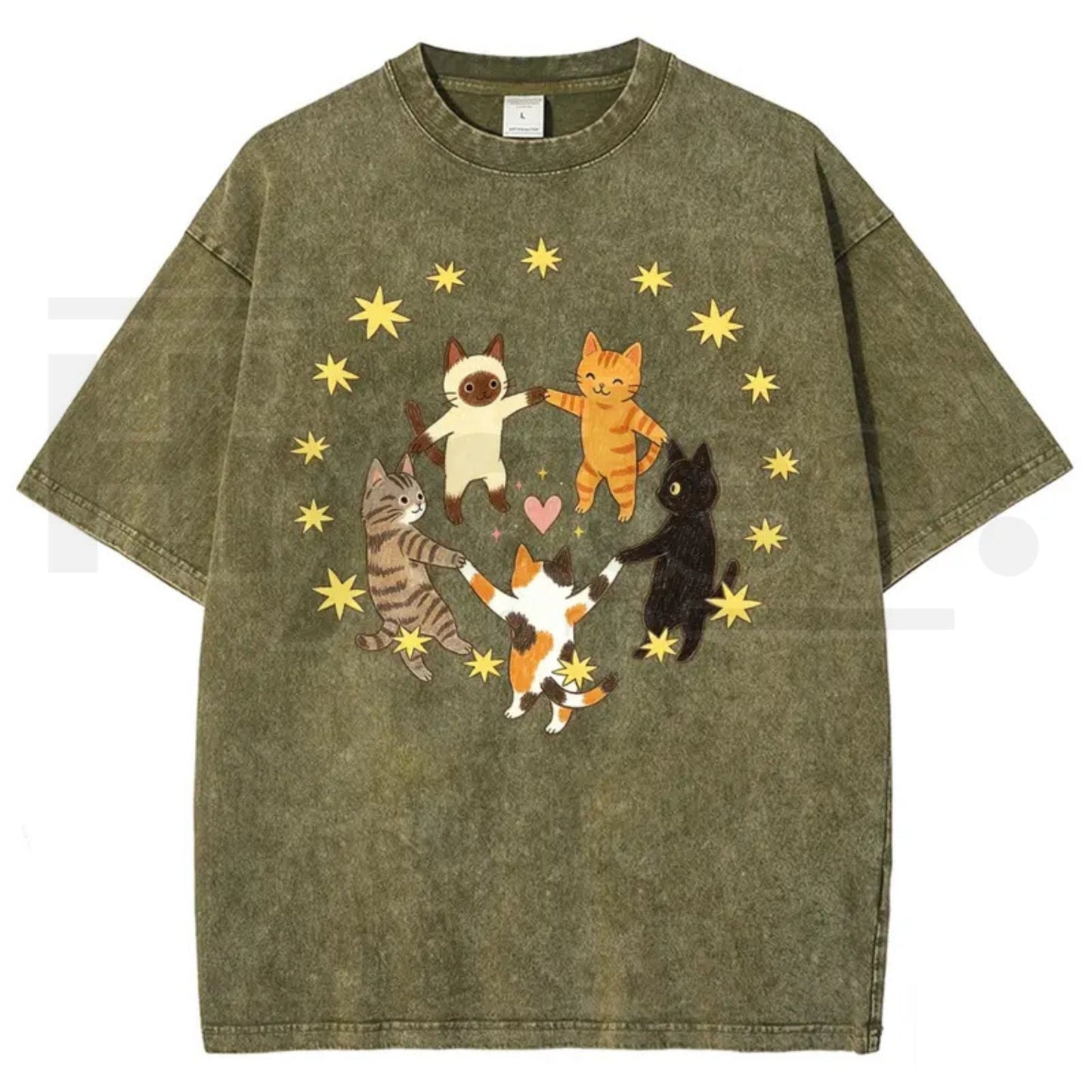 Five Holding Hands Circle Cats Yellow Star Heart Vintage Washed Tee – Y2K Aesthetic Cute Graphic Shirt