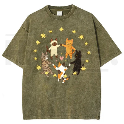 Five Holding Hands Circle Cats Yellow Star Heart Vintage Washed Tee – Y2K Aesthetic Cute Graphic Shirt