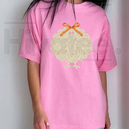 Shelbe's Espresso Lace Turkey Long Sleeve T-Shirt – Elegant Thanksgiving Holiday Graphic Top