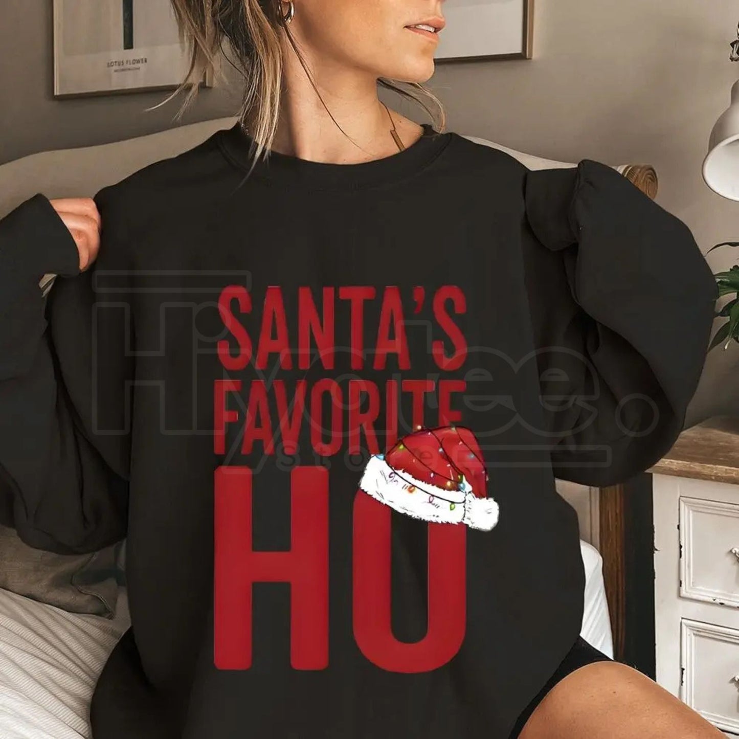Santa's Favorite Ho Funny Christmas Sweatshirt: Santa Hat Graphic, Sassy Holiday Apparel for Women, Christmas Party Top, Retro Sports Shirts