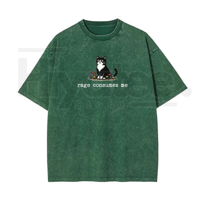 Funny Cat Meme Vintage Washed T-Shirt – “Rage Consumes Me” Oversized Cotton Graphic Tee