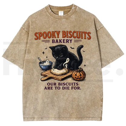 Men's Spooky Biscuits Black Cat Halloween T-Shirt – Vintage Brown Acid-Wash Oversized Cotton Tee