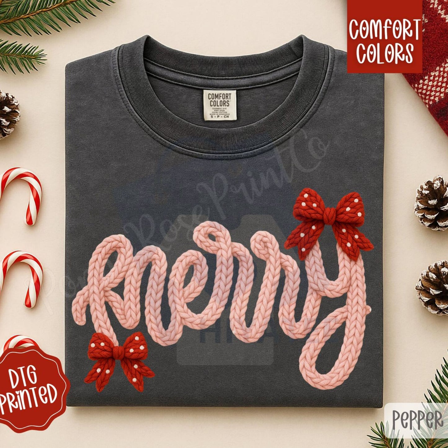 Faux Knit Merry Shirt Comfort Colors – Trendy Women's Christmas T-shirt, Vintage Knit Style Holiday Tee