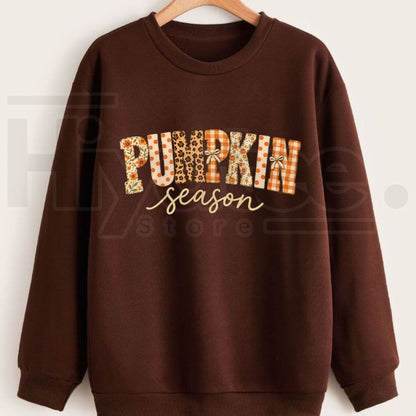 Pumpkin Season Sweatshirt – Fall Patchwork Graphic Crewneck, Cute Autumn Harvest Sweater