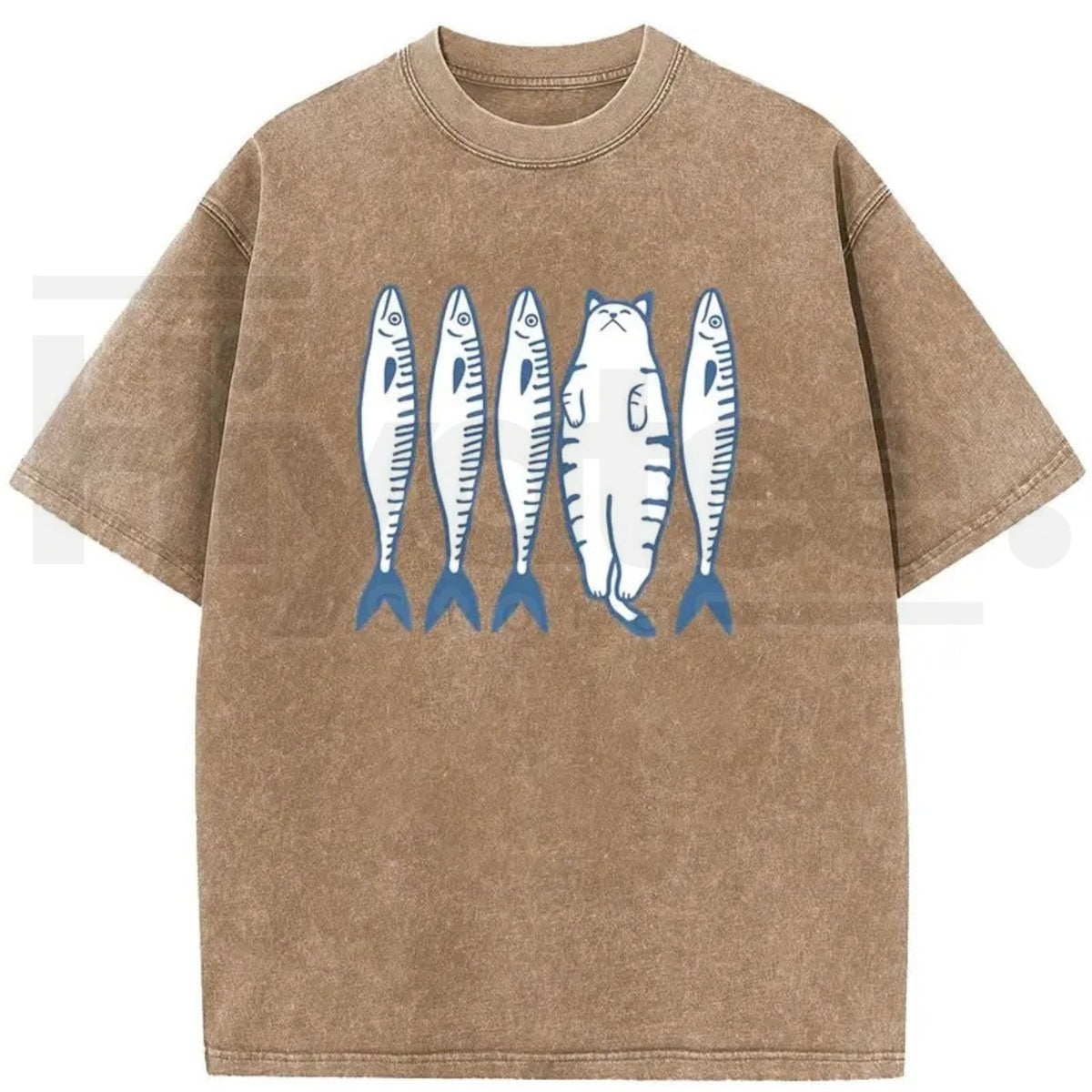 Holafish Cat & Fish Cartoon Vintage Acid Wash T-Shirt – Loose Drop Shoulder Pure Cotton Summer Tee