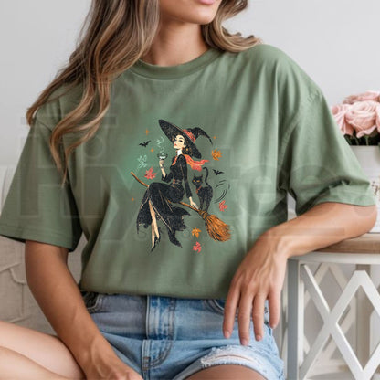 Vintage Witch Cat Ringer Tee Retro Salem Halloween Spooky Pumpkin Shirt