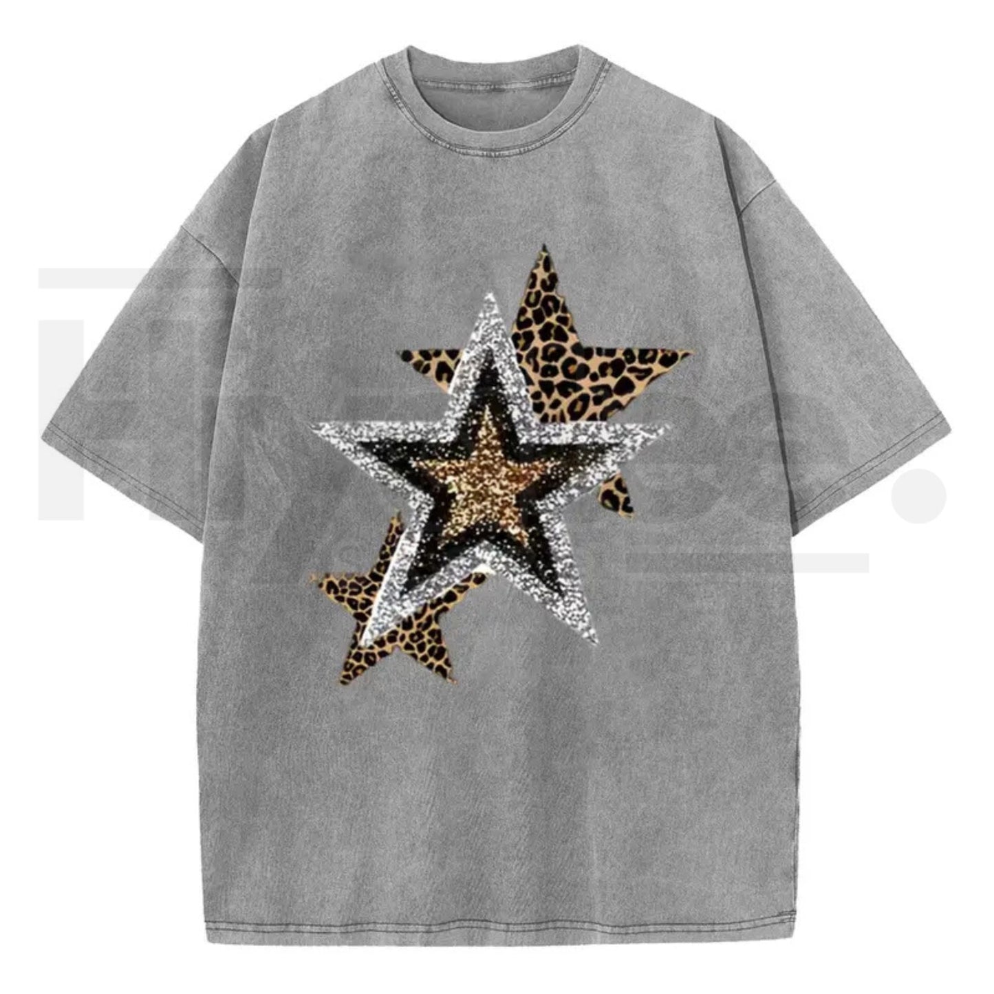 Holafish Outing Street Tee – Acid Wash Leopard Star Graphic Unisex T-Shirt