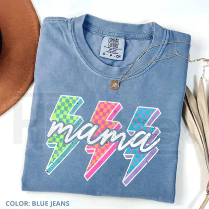 Comfort Colors® Lightning Checkered Neon Mama T-Shirt – Trendy Rock Mom Bolt Tee