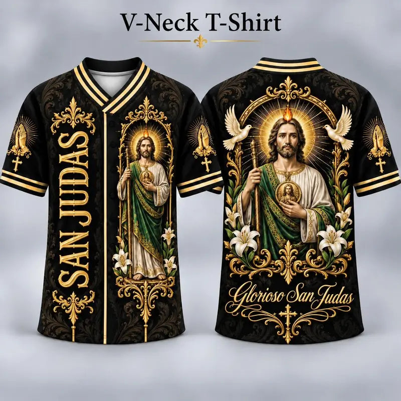 Men's San Judas Tadeo Graphic V-Neck Shirt & Baseball Jersey Style Top
