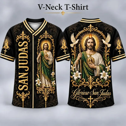 Men's San Judas Tadeo Graphic V-Neck Shirt & Baseball Jersey Style Top