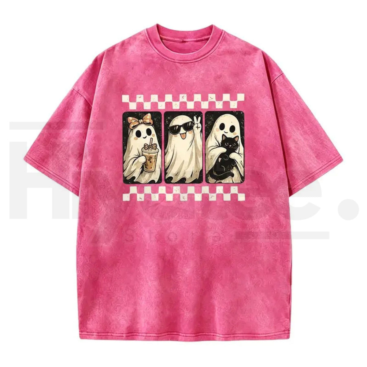 Spooky Theme Halloween Black Cat & Ghost Collage T-Shirt – Vintage Acid Wash Fall Graphic Cotton Tee