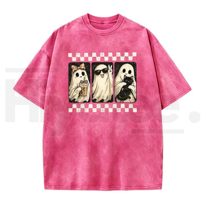 Spooky Theme Halloween Black Cat & Ghost Collage T-Shirt – Vintage Acid Wash Fall Graphic Cotton Tee