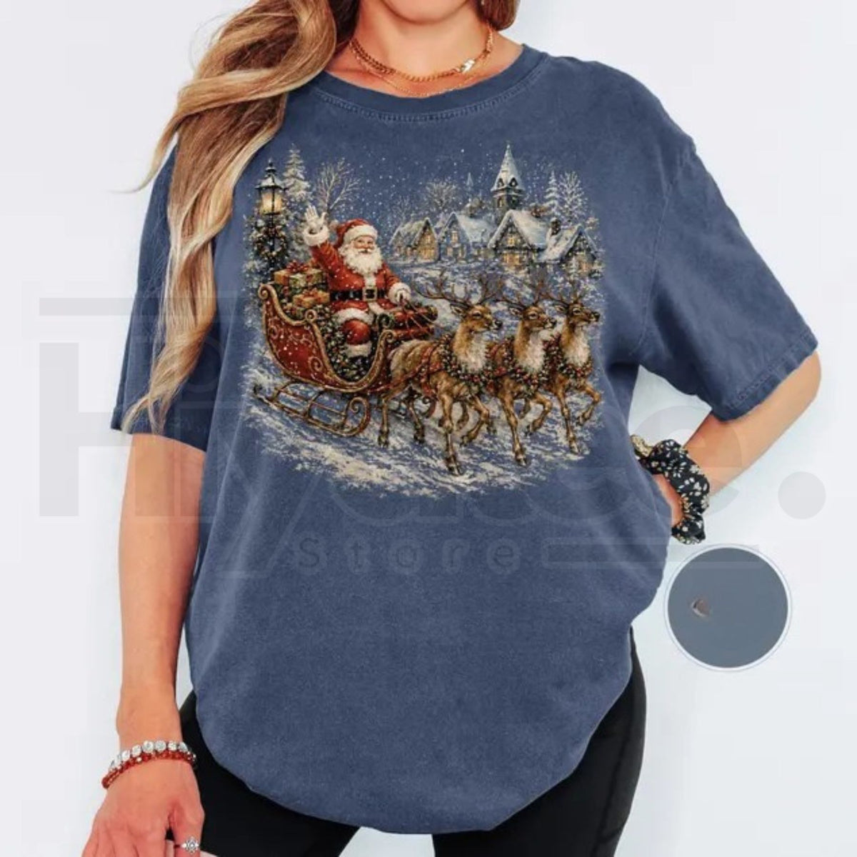 Vintage Santa Sleigh Christmas Shirt Retro Snowy Village Reindeer Tee