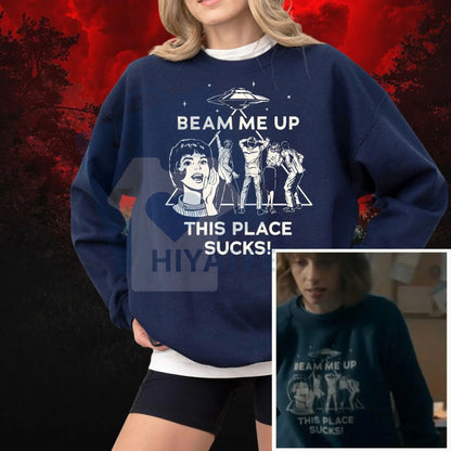 Beam Me Up This Place Sucks Sweatshirt: Alien UFO Abduction Retro Quote, Funny Sci-Fi Pullover, Stranger Sweatshirt