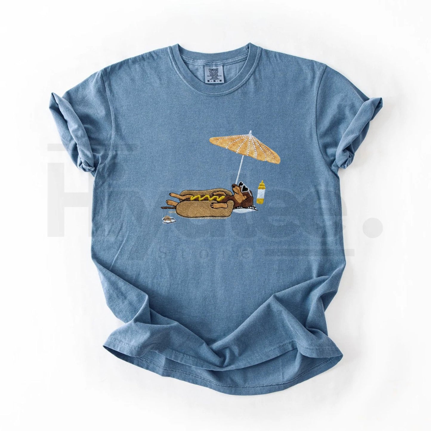 Hot Dog On Beach Dachshund Embroidered Summer Comfort Colors® T-Shirt – Funny Weiner Dog Beach Tee, Embroidered Summer Shirt