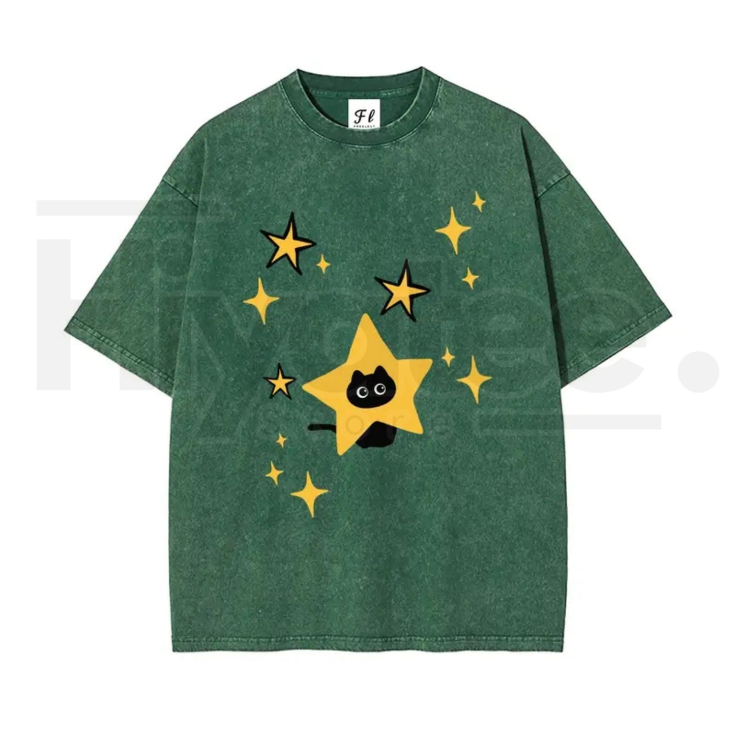 Unisex Minimalist Black Cartoon Kitten and Five-Pointed Star Graphic Washed T-Shirt – Y2K Vintage Oversized Cotton Top