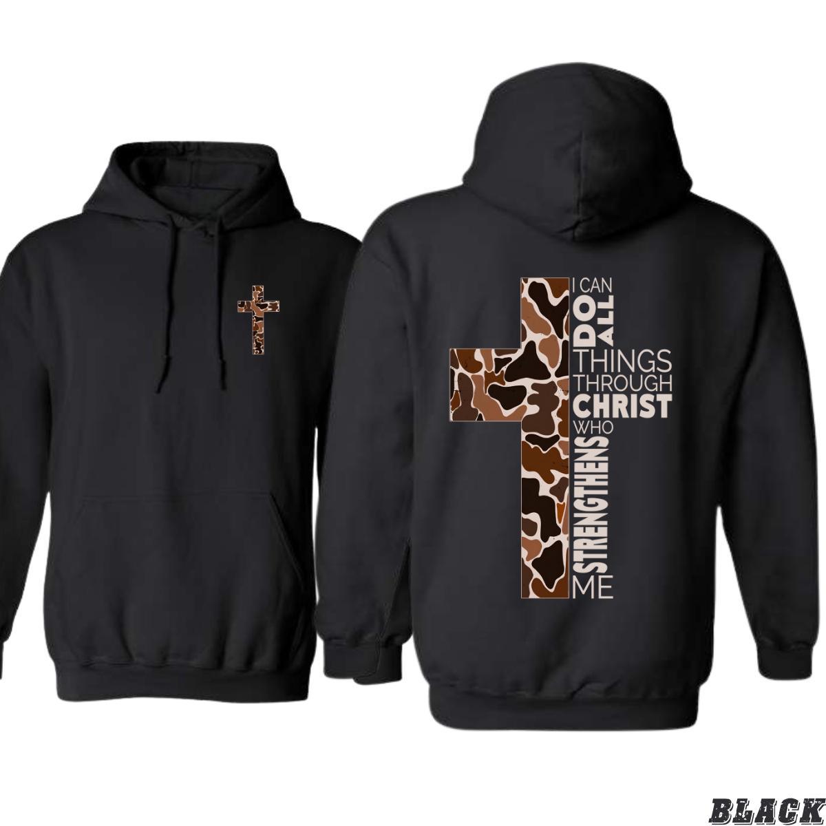 Christian Hoodie - Camo Cross Design with Philippians 413 Verse, Perfect for Faithful Believers and Outdoorsmen, Cozy Hoodie for Everyday Comfort and Spiritual Strength - Hiyatee