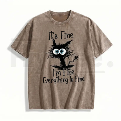 "It's Fine I'm Fine" Funny Cat T-Shirt – Premium Heavyweight Acid Wash Vintage Tee
