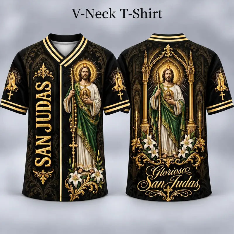 Men's San Judas Tadeo Graphic V-Neck Shirt & Baseball Jersey Style Top