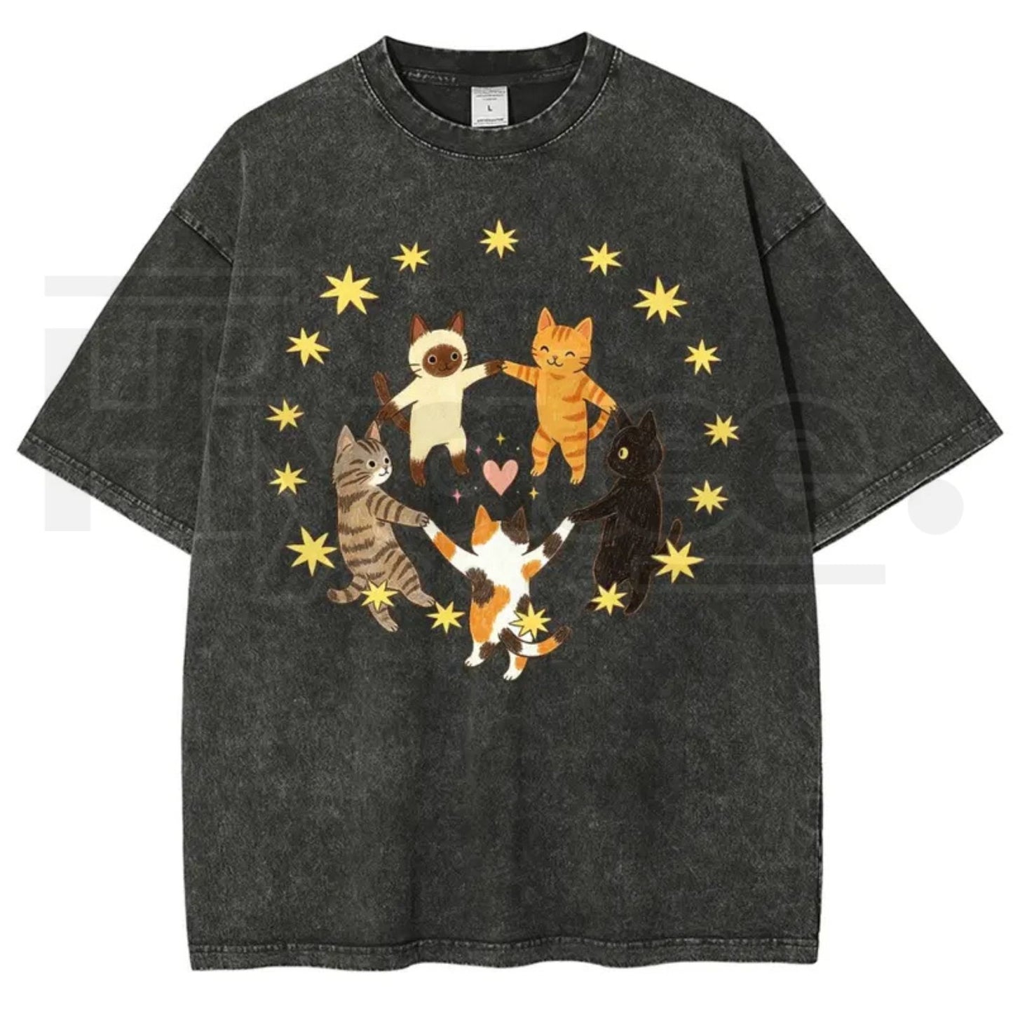 Five Holding Hands Circle Cats Yellow Star Heart Vintage Washed Tee – Y2K Aesthetic Cute Graphic Shirt