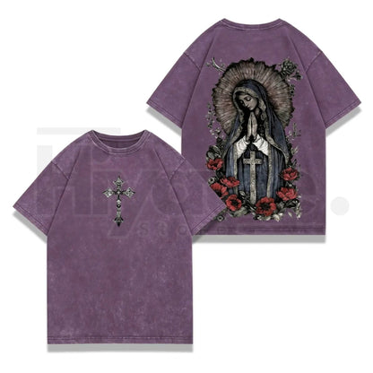 Virgin Mary Graphic T-Shirt – Washed Black Heavy Cotton Gothic Streetwear Tee