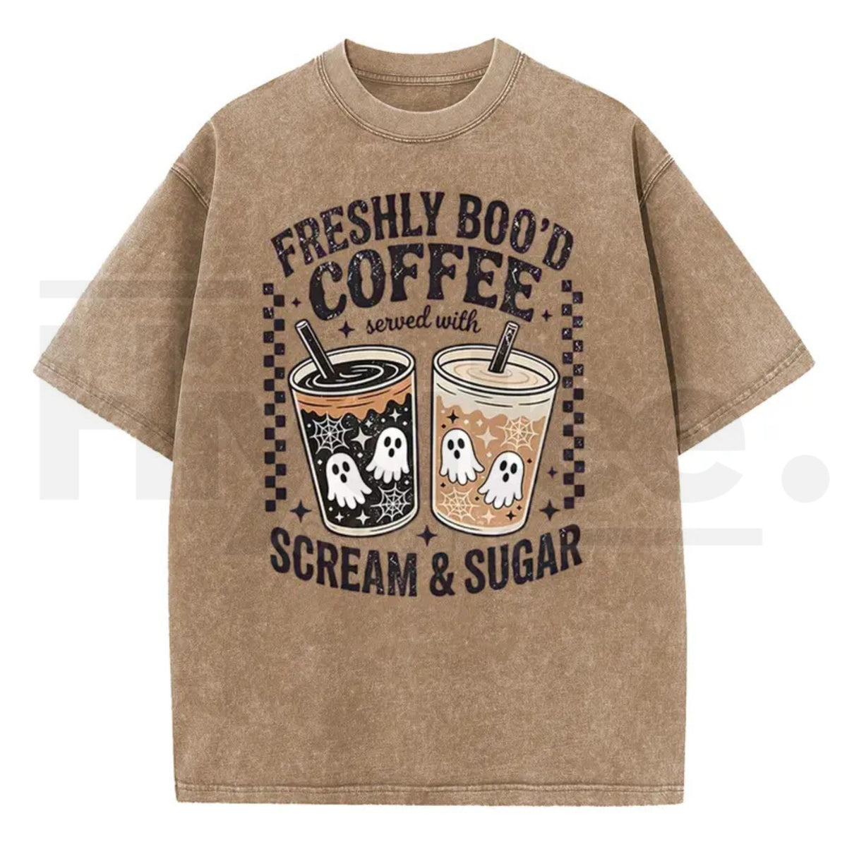 Holafish Funny Scream & Sugar Ghost Coffee T-Shirt – Retro Washed Oversized Fall Graphic Cotton Tee