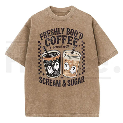 Holafish Funny Scream & Sugar Ghost Coffee T-Shirt – Retro Washed Oversized Fall Graphic Cotton Tee