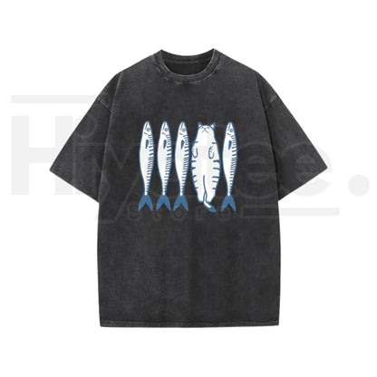 Holafish Cat & Fish Cartoon Vintage Acid Wash T-Shirt – Loose Drop Shoulder Pure Cotton Summer Tee