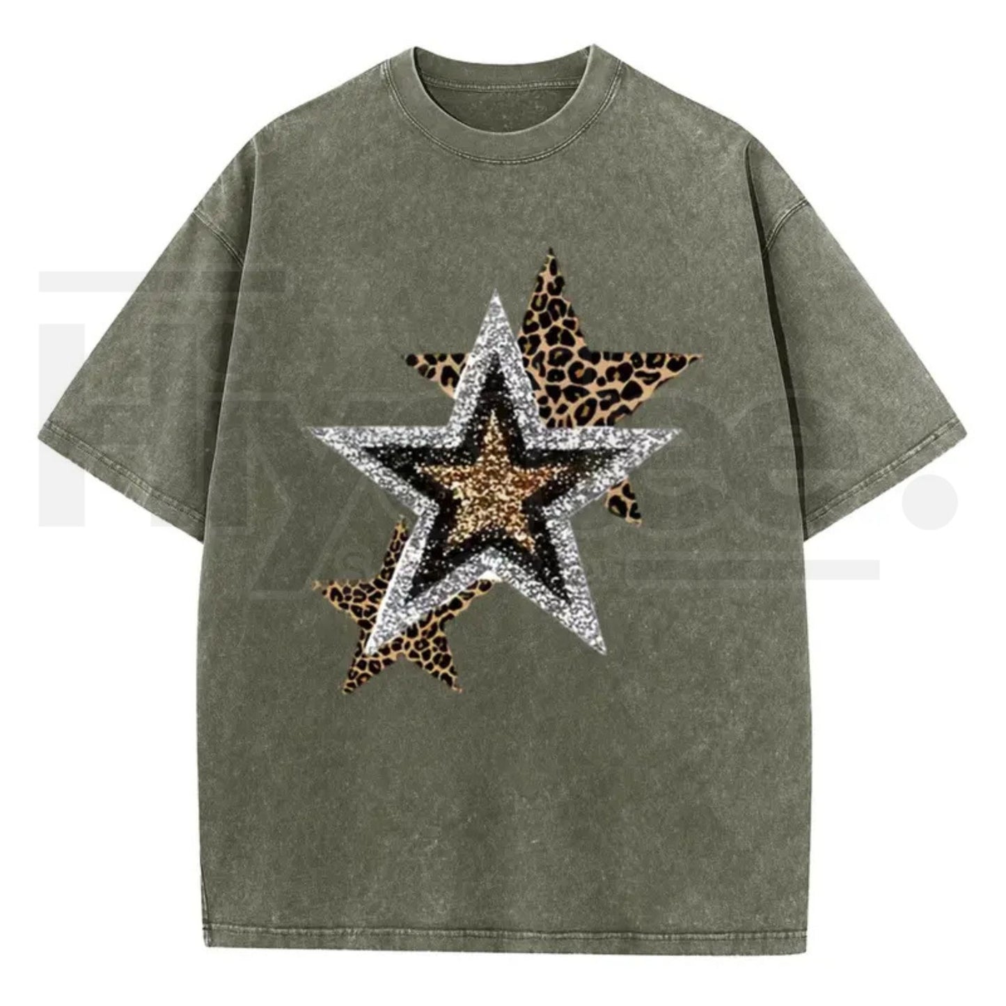 Holafish Outing Street Tee – Acid Wash Leopard Star Graphic Unisex T-Shirt