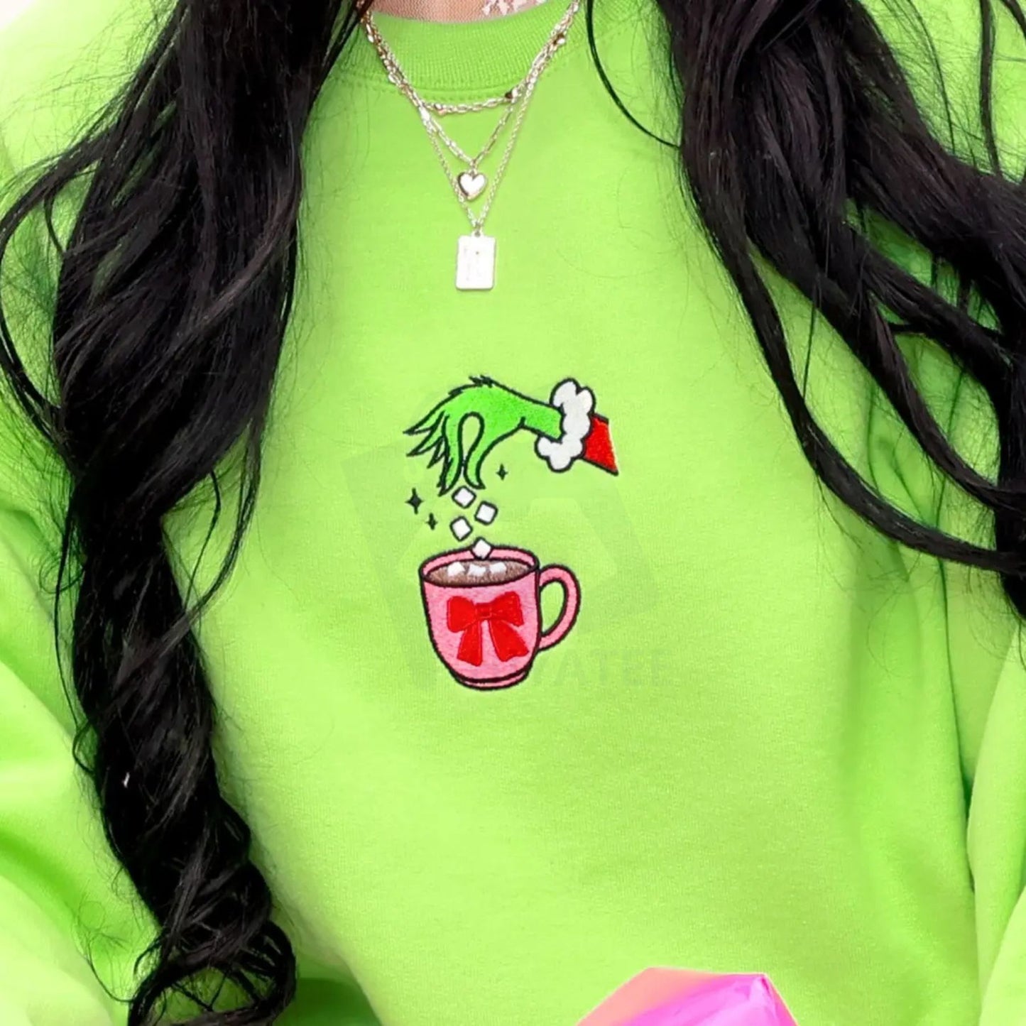 Christmas Drink Embroidered Sweatshirt – Classic Holiday Crewneck, Soft Unisex Light Green