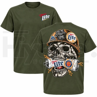 Men's Miller Lite Skull T-Shirt – Retro Blue Collar Workwear Beer Graphic Tee