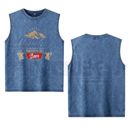 Men's Daddy Needs A Beer Tank Top – Funny Mountain Lion Graphic Washed Vintage Cotton Sleeveless Shirt, Loose Fit Gift for Dad