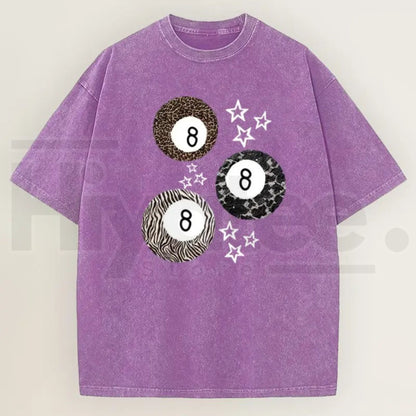Women's Acid Wash 8 Ball Leopard & Stars Graphic T-Shirt – Retro Streetwear Cotton Tee