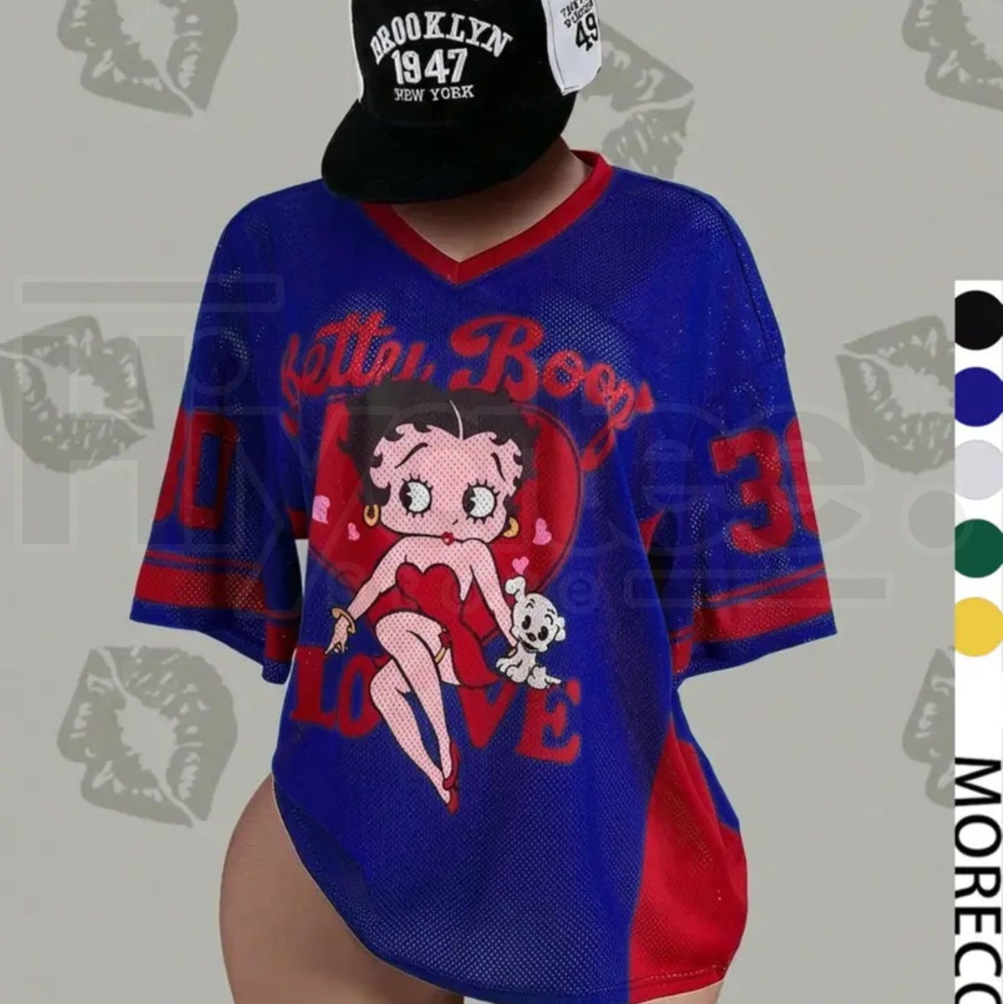 Streetwear Y2K Mesh Breathable American Vintage Doll Print V-Neck Short Sleeve T-Shirt