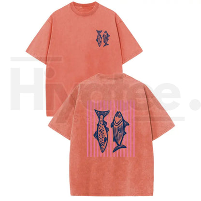 Holafish Pink Striped Fish Graphic T-Shirt – Premium Heavyweight Acid Wash Streetwear Tee