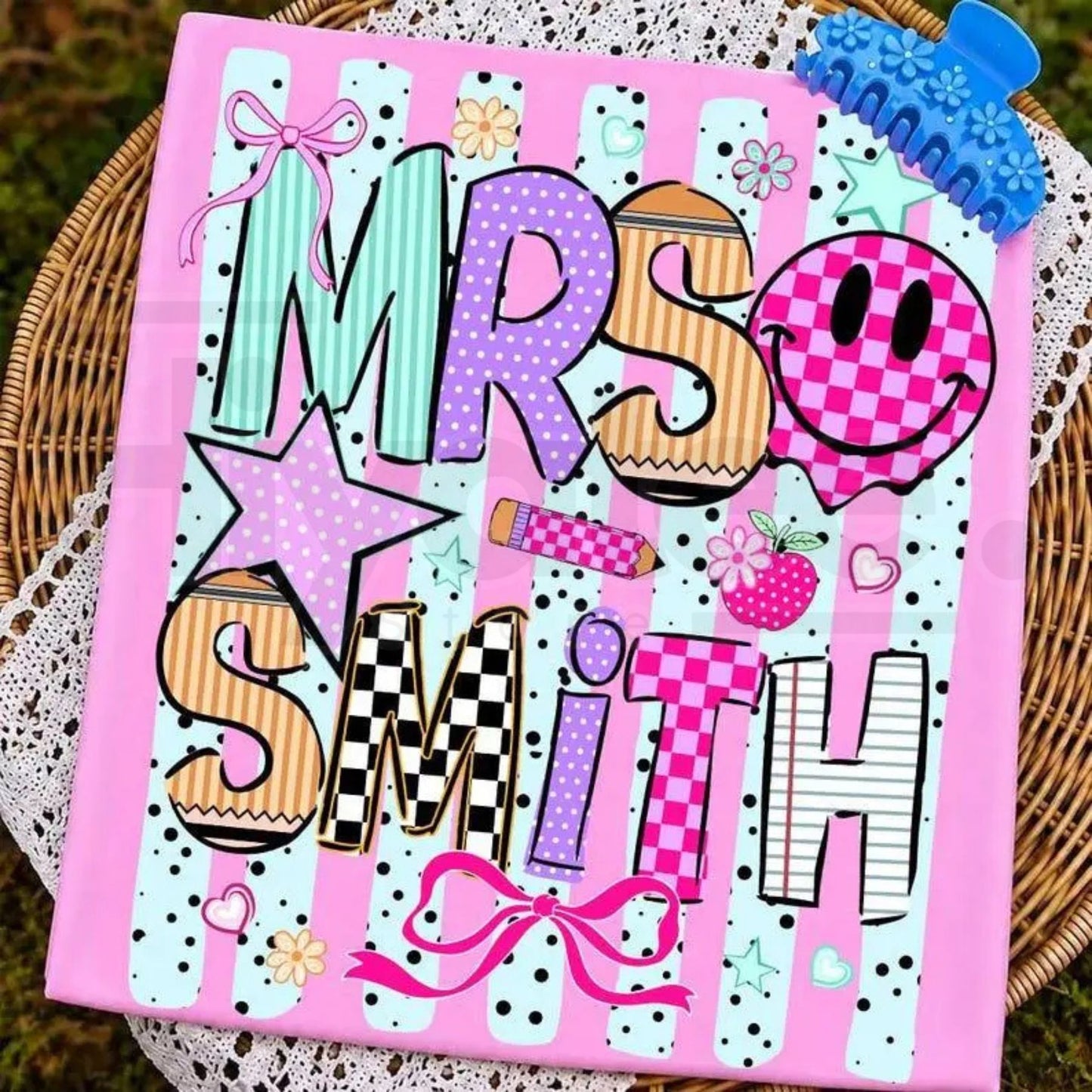 Comfort Colors Personalized Teacher Name Striped Neon Coquette Bow Tee