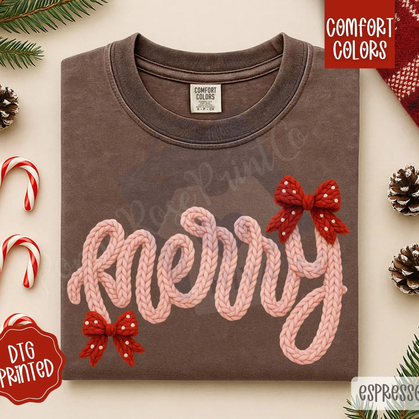 Faux Knit Merry Shirt Comfort Colors – Trendy Women's Christmas T-shirt, Vintage Knit Style Holiday Tee