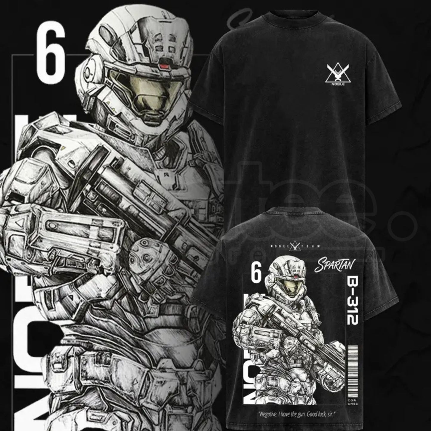 Noble Team V3 Halo Reach Double Printed Acid Washed Tee – Vintage Gaming Graphic T-Shirt