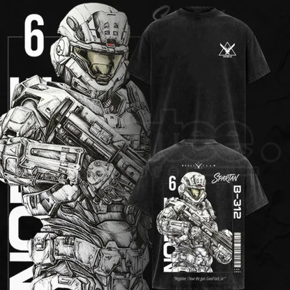 Noble Team V3 Halo Reach Double Printed Acid Washed Tee – Vintage Gaming Graphic T-Shirt